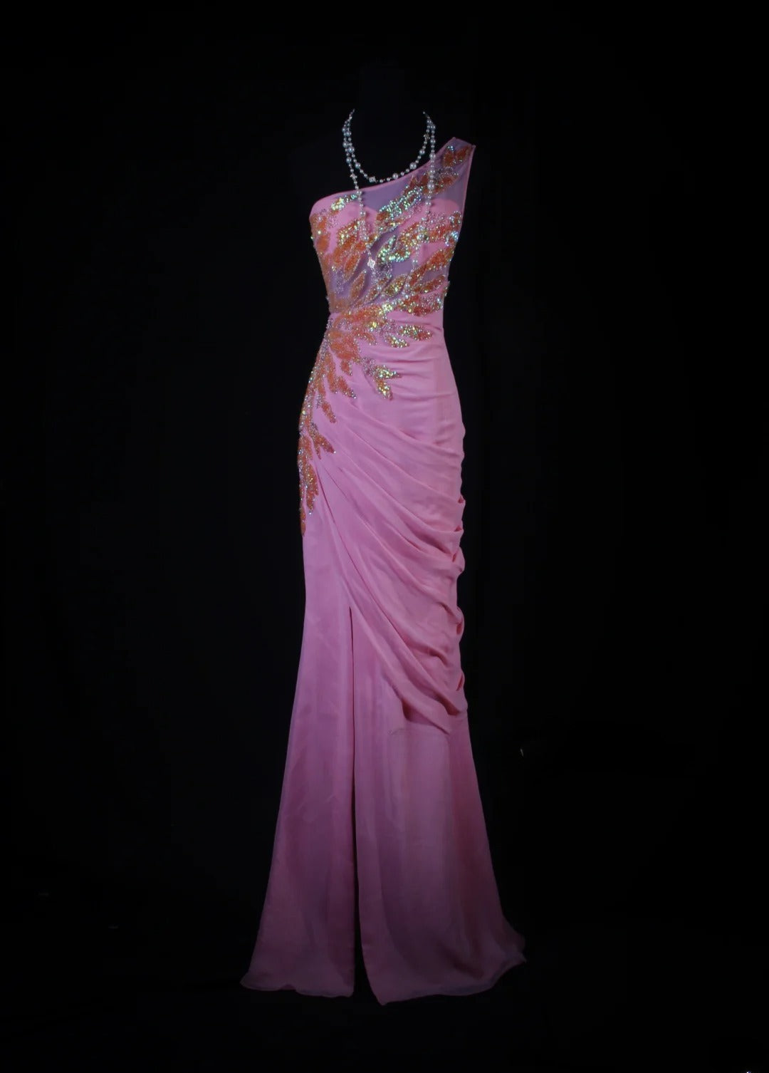 Robe de bal sirène modeste à une épaule en mousseline rose, robe de soirée longue AS188