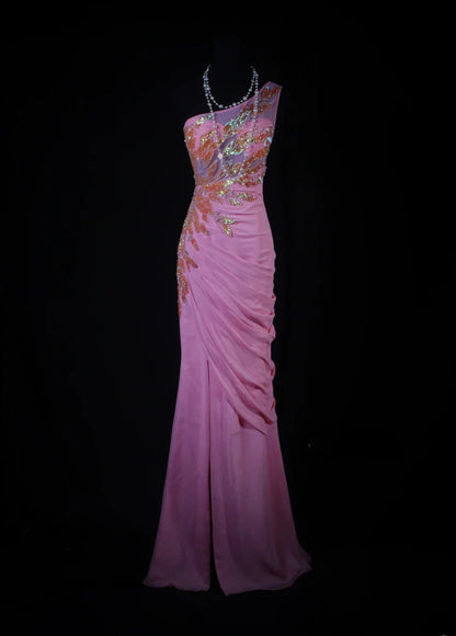 Robe de bal sirène modeste à une épaule en mousseline rose, robe de soirée longue AS188