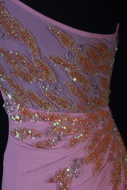 Robe de bal sirène modeste à une épaule en mousseline rose, robe de soirée longue AS188