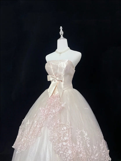 Pretty Ball Gown Strapless Light Blush Pink With Lace Appliqued Long Prom Dress Tulle Sweet 16 Sweet Sixteen Outfits Vestido de 15 RB7589