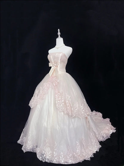 Pretty Ball Gown Strapless Light Blush Pink With Lace Appliqued Long Prom Dress Tulle Sweet 16 Sweet Sixteen Outfits Vestido de 15 RB7589