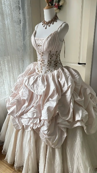 Sweet 15 Quinceanera Dress Ball Gown Spaghetti Straps PinkWith Ruffled Beading Long 15th Birthday Gown RC0550