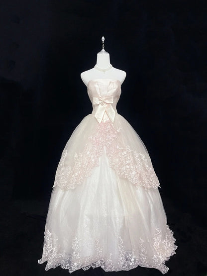 Pretty Ball Gown Strapless Light Blush Pink With Lace Appliqued Long Prom Dress Tulle Sweet 16 Sweet Sixteen Outfits Vestido de 15 RB7589