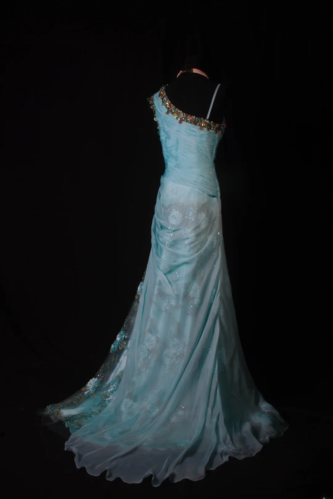 Robe de bal sirène modeste à une épaule en mousseline bleue ornée de perles, longue robe de soirée AS190
