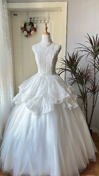 Sweet 15 Quinceanera Dress Ball Gown High Neck White With Ruffled Beading Long 15th Birthday Gown RC0551