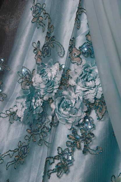 Robe de bal sirène modeste à une épaule en mousseline bleue ornée de perles, longue robe de soirée AS190
