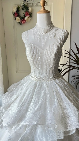 Sweet 15 Quinceanera Dress Ball Gown High Neck White With Ruffled Beading Long 15th Birthday Gown RC0551
