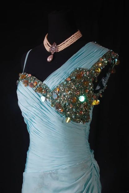 Robe de bal sirène modeste à une épaule en mousseline bleue ornée de perles, longue robe de soirée AS190