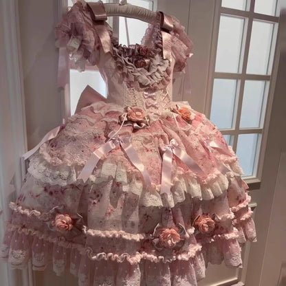 Sweet 16 Dress Pink Square Sleeveless Ball Gown With Tiered Layers Sweet Sixteen Dress RB9975