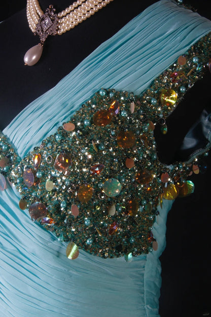 Robe de bal sirène modeste à une épaule en mousseline bleue ornée de perles, longue robe de soirée AS190