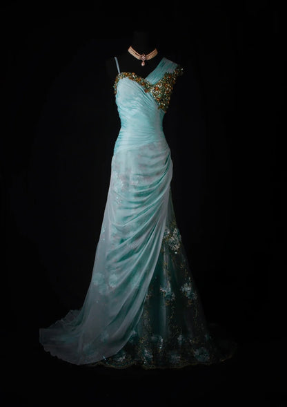 Robe de bal sirène modeste à une épaule en mousseline bleue ornée de perles, longue robe de soirée AS190