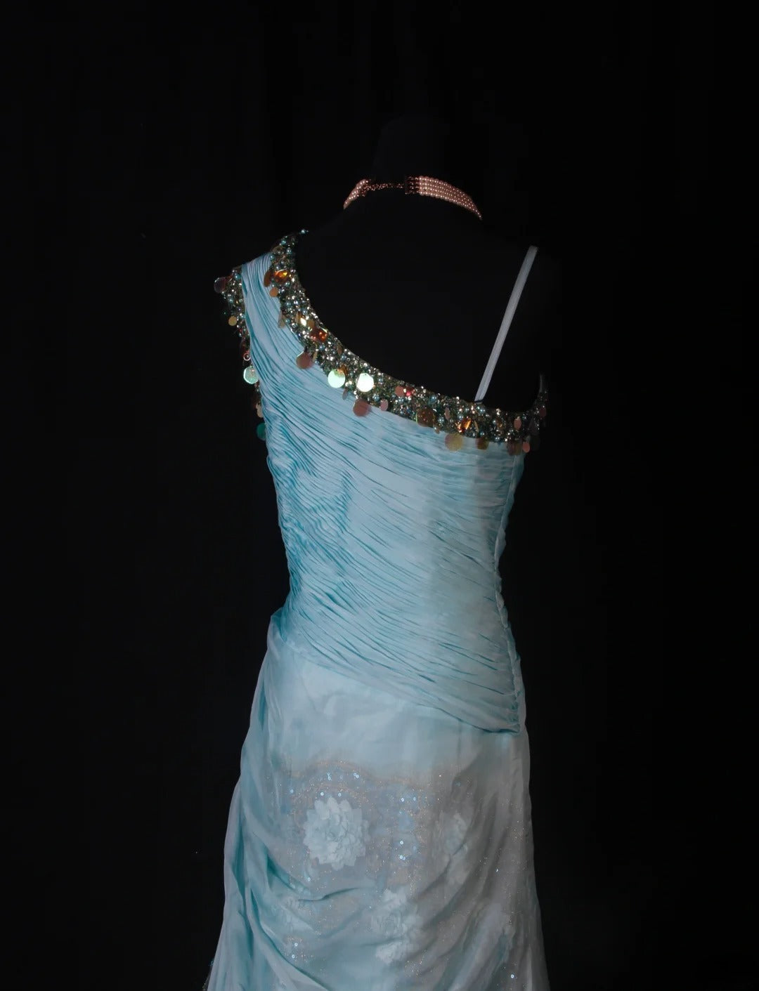 Robe de bal sirène modeste à une épaule en mousseline bleue ornée de perles, longue robe de soirée AS190