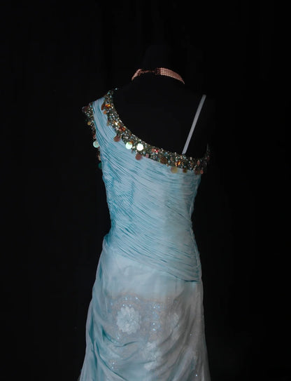Robe de bal sirène modeste à une épaule en mousseline bleue ornée de perles, longue robe de soirée AS190