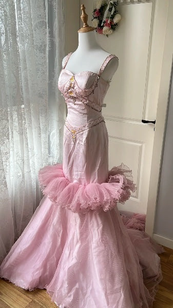 Vintage Prom Dresses Aesthetic 80s Retro Mermaid Spaghetti Straps Pink Floor Length Evening Outfits RC0552