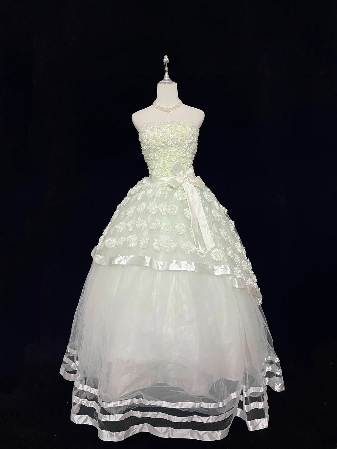 Pretty Ball Gowns Strapless Mint Green Tulle With Lace Appliqued Long Prom Dress Puffy Sweet 16 Sweet Sixteen Outfits Vestido de 15 RB7590