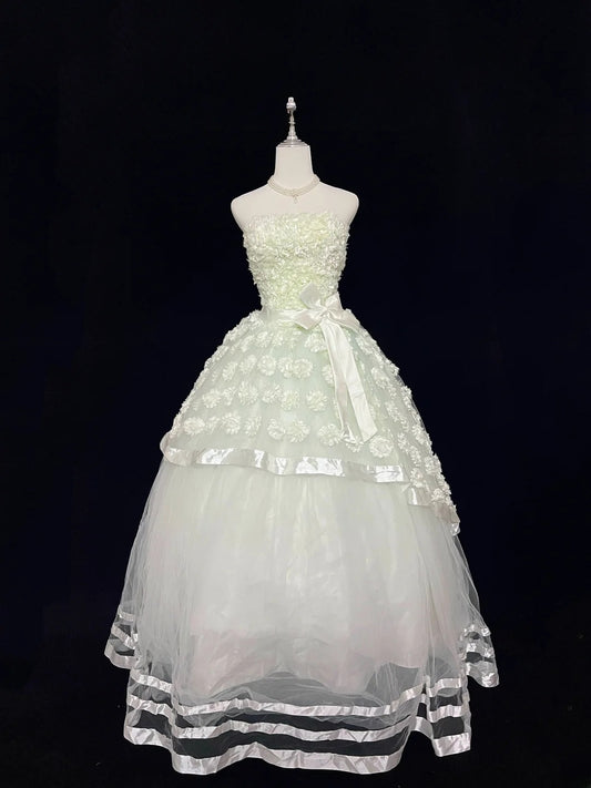 Pretty Ball Gowns Strapless Mint Green Tulle With Lace Appliqued Long Prom Dress Puffy Sweet 16 Sweet Sixteen Outfits Vestido de 15 RB7590