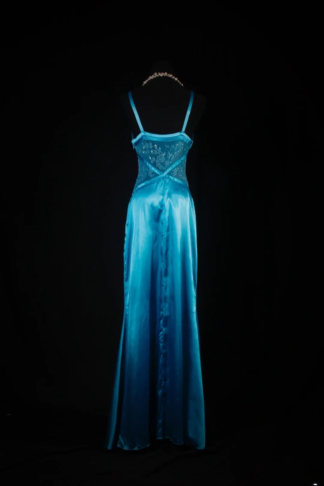 Robe de bal sirène vintage années 50, bretelles spaghetti, satin bleu, robe de soirée longue AS191