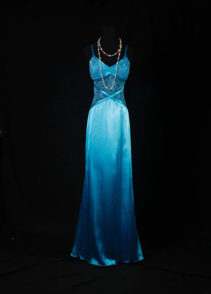 Robe de bal sirène vintage années 50, bretelles spaghetti, satin bleu, robe de soirée longue AS191