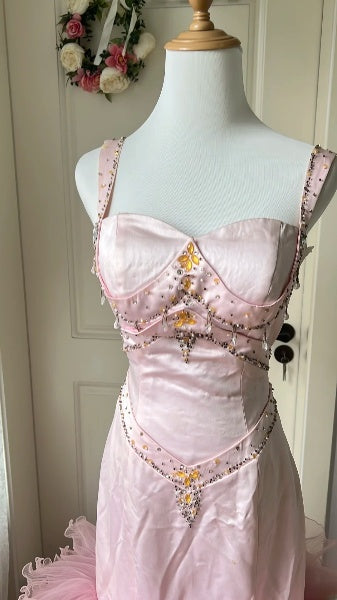 Vintage Prom Dresses Aesthetic 80s Retro Mermaid Spaghetti Straps Pink Floor Length Evening Outfits RC0552