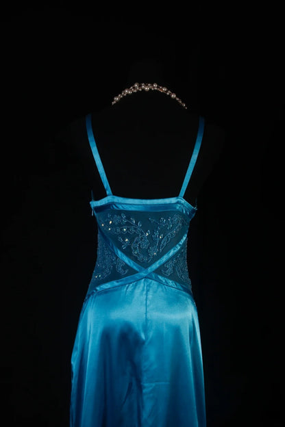 Robe de bal sirène vintage années 50, bretelles spaghetti, satin bleu, robe de soirée longue AS191