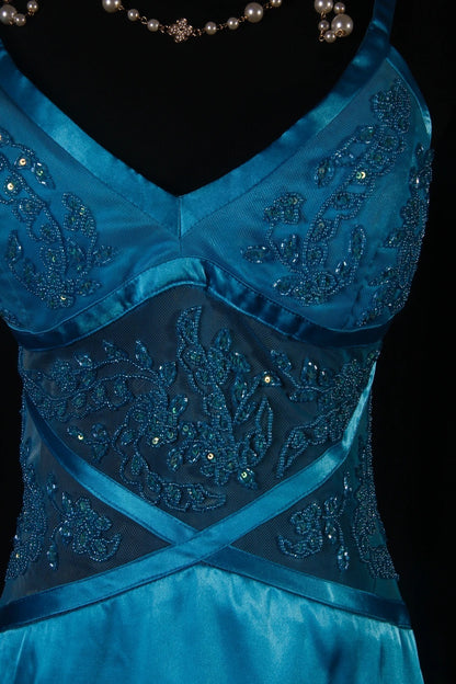 Robe de bal sirène vintage années 50, bretelles spaghetti, satin bleu, robe de soirée longue AS191