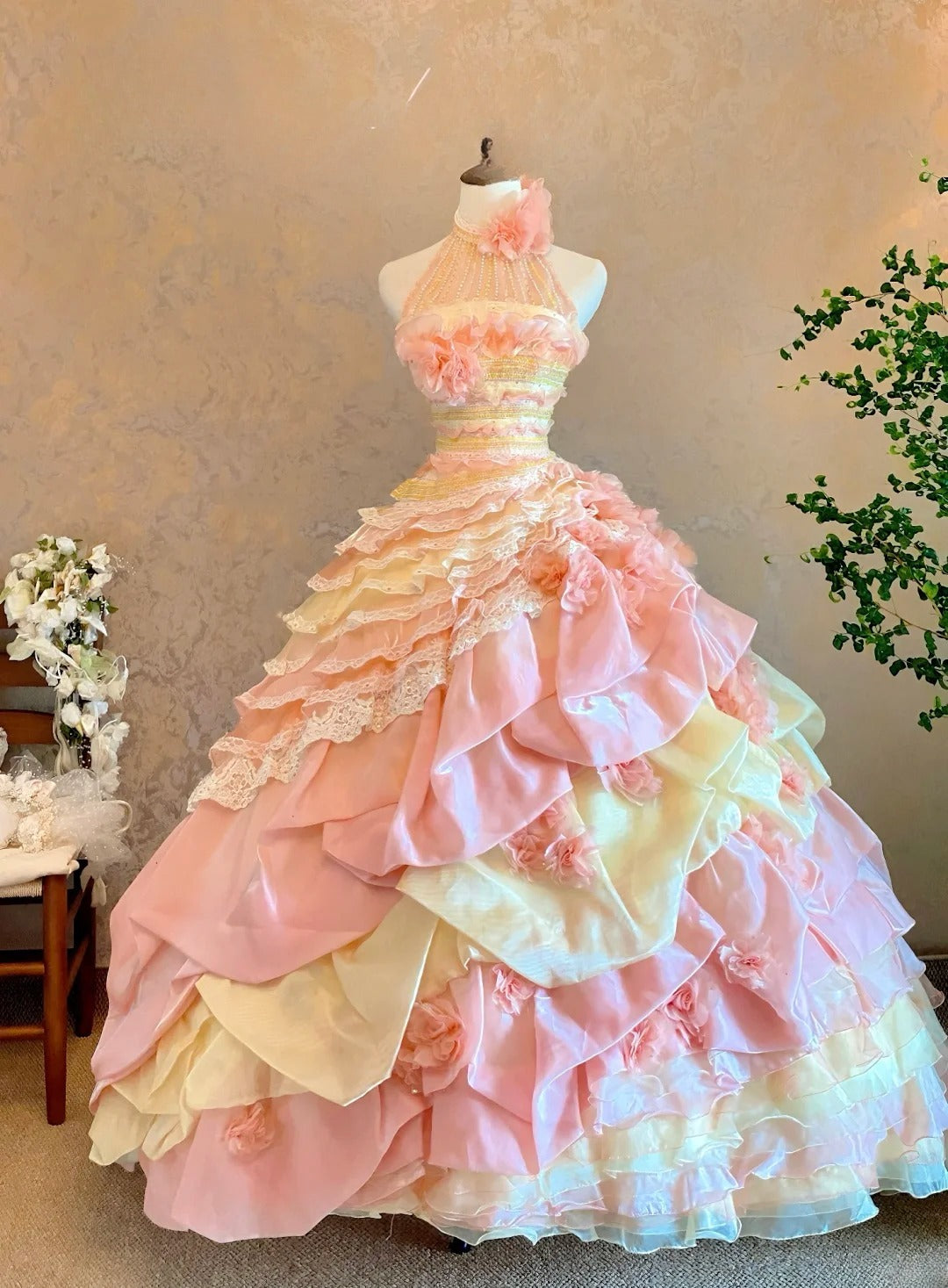 Quinceanera Dress Halter Pink Yellow With Tiered Layers Floor Length Ball Gown Sweet 15 15th Birthday Gown RB9121