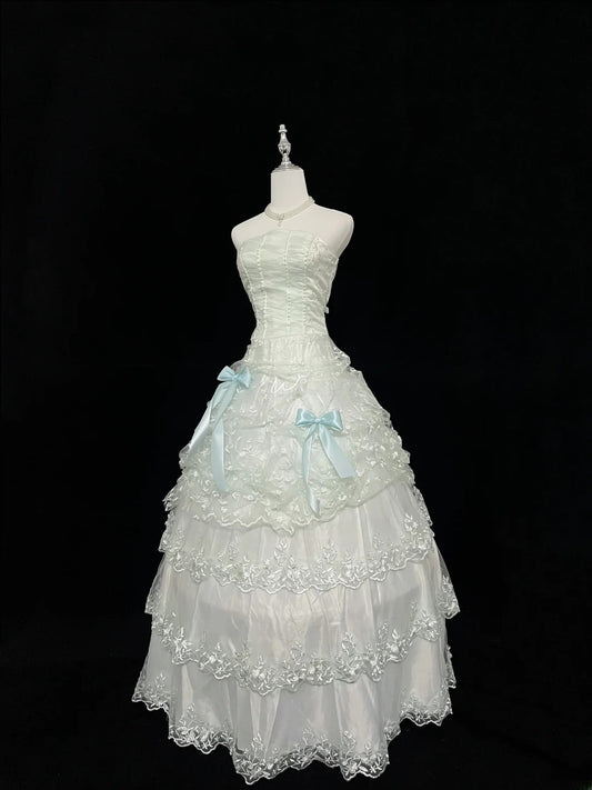 Pretty Ball Gowns Strapless Mint Green Tulle With Lace Appliqued Bow Long Prom Dress Puffy Sweet 16 Sweet Sixteen Outfits Vestido de 15 RB7592