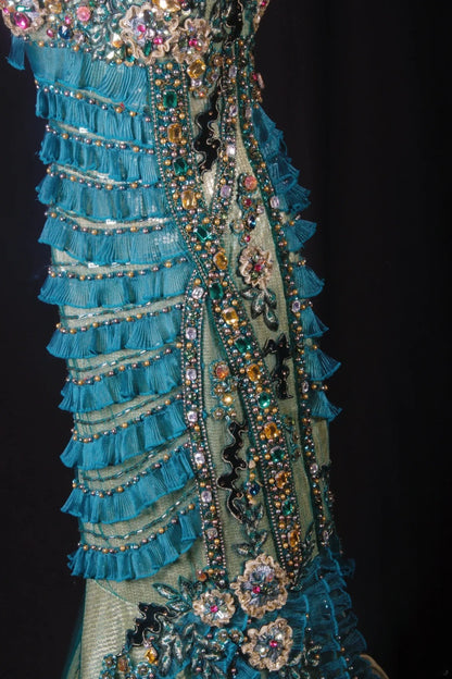 Robe de soirée sirène vintage années 60, bretelles spaghetti, tulle bleu orné de perles, longue, élégante, idéale pour les bals de fin d'année ou les fêtes (AS192)