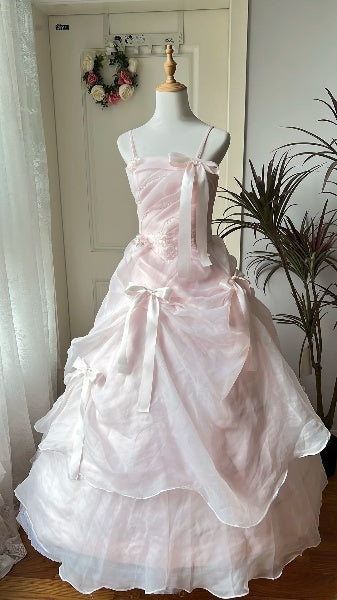 Elegant Sweet 16 Dress Long Straps Pink With Bow-knot Ball Gown Sweet Sixteen Party Birthday Dresses RC0553