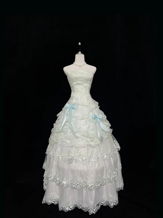 Pretty Ball Gowns Strapless Mint Green Tulle With Lace Appliqued Bow Long Prom Dress Puffy Sweet 16 Sweet Sixteen Outfits Vestido de 15 RB7592