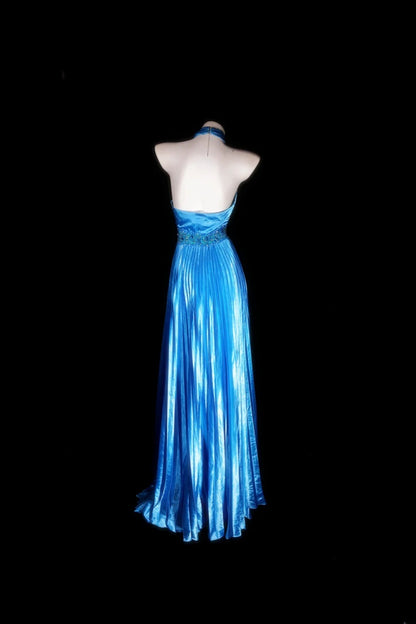 Blue Prom Dress Inspo A Line Halter Satin With Beading Modest Long Formal Party Gown RB9978