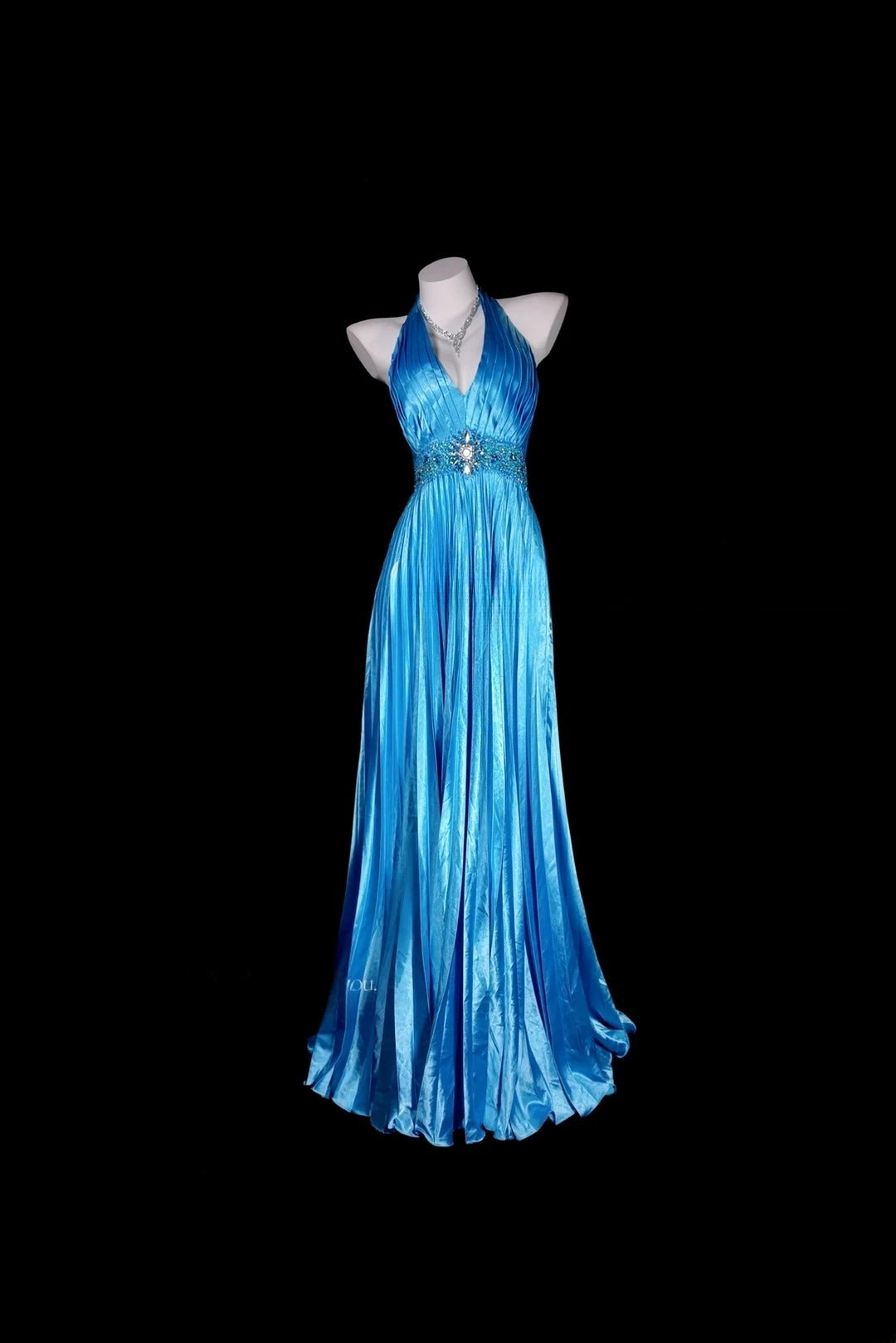 Blue Prom Dress Inspo A Line Halter Satin With Beading Modest Long Formal Party Gown RB9978