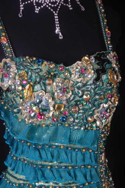 Robe de soirée sirène vintage années 60, bretelles spaghetti, tulle bleu orné de perles, longue, élégante, idéale pour les bals de fin d'année ou les fêtes (AS192)