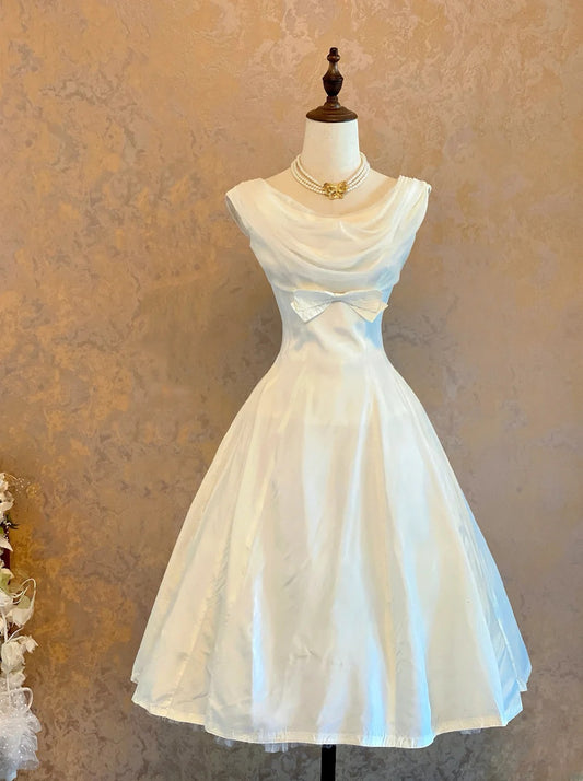 Cute Ball Gown Cowl Neck White Satin Mid Length Party Dresses Homecoming Cocktail Gown RB9123
