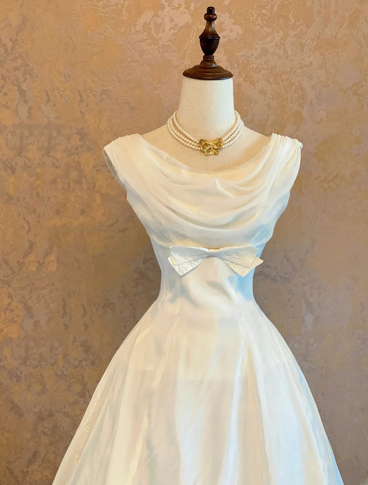 Cute Ball Gown Cowl Neck White Satin Mid Length Party Dresses Homecoming Cocktail Gown RB9123