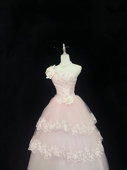 Beautiful Ball Gown One Shoulder Pink Tulle With Appliqued Lace Prom Dress Formal Outfits Party Dresses RB7593