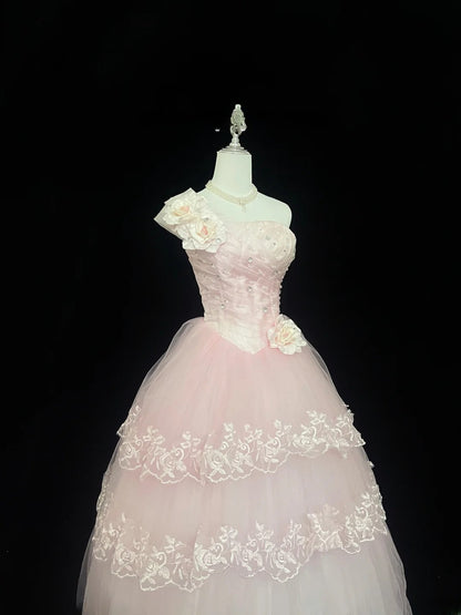 Beautiful Ball Gown One Shoulder Pink Tulle With Appliqued Lace Prom Dress Formal Outfits Party Dresses RB7593