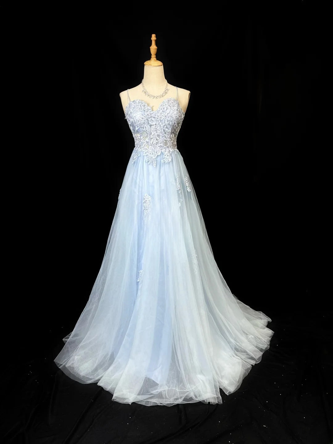 Vintage 80s Prom Dresses A line Spaghetti Strap Light Sky Blue Tulle Lace Long Party Gown Formal Outfits RB5996