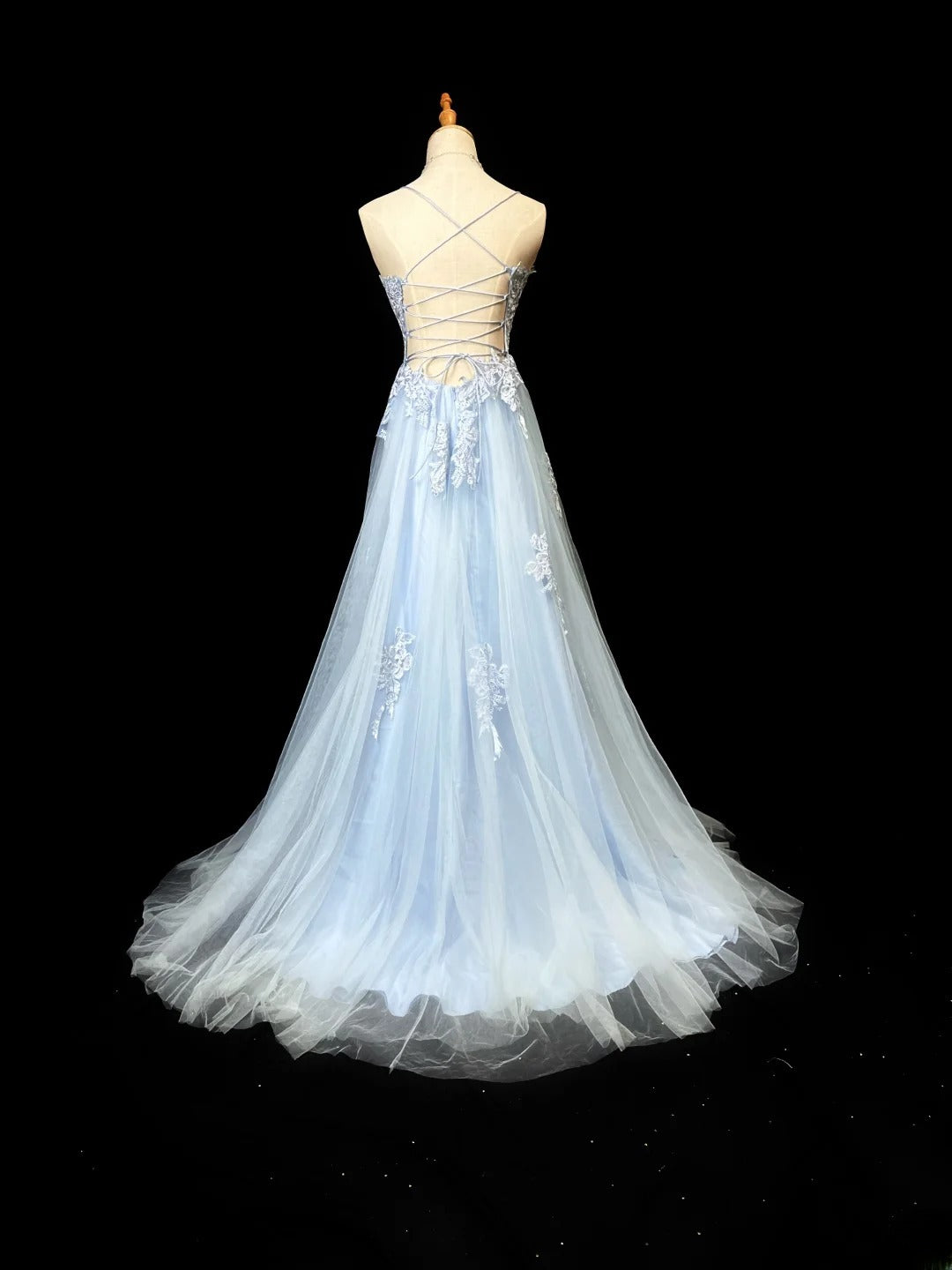 Vintage 80s Prom Dresses A line Spaghetti Strap Light Sky Blue Tulle Lace Long Party Gown Formal Outfits RB5996