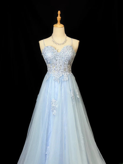 Vintage 80s Prom Dresses A line Spaghetti Strap Light Sky Blue Tulle Lace Long Party Gown Formal Outfits RB5996