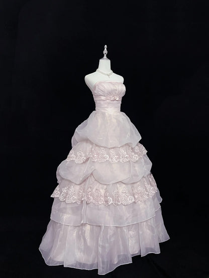 Pretty Ball Gowns Strapless Pink Organza With Lace Appliqued Bow Long Prom Dress Puffy Sweet 16 Sweet Sixteen Outfits Vestido de 15 RB7594