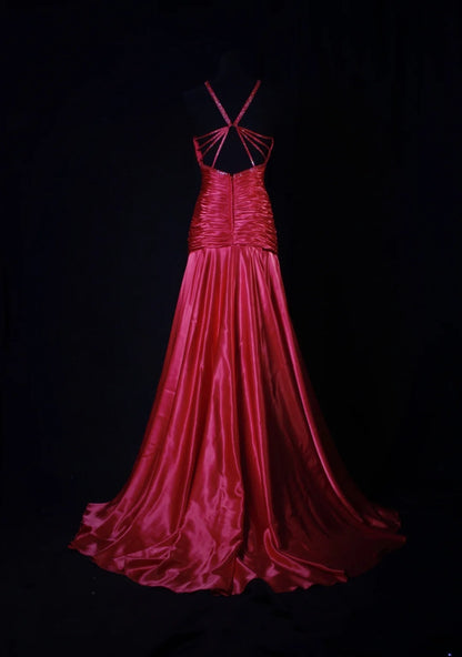 Robe de bal longue sirène vintage années 80 en satin rouge, dos nu, AS194