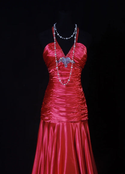 Robe de bal longue sirène vintage années 80 en satin rouge, dos nu, AS194