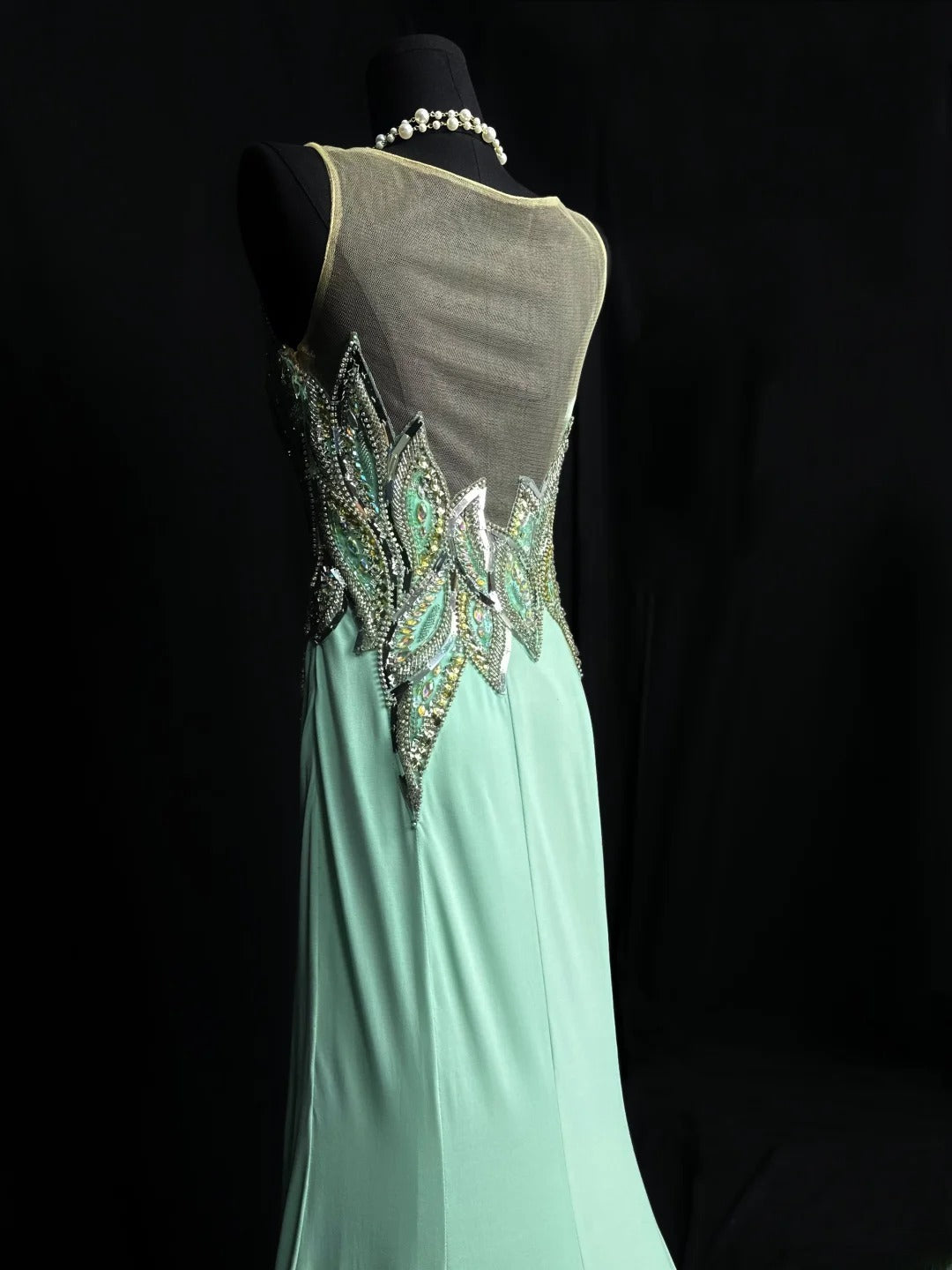 Vintage 80s Prom Dresses Mermaid Scoop Mint Green Satin With Beads Slit Long Party Gown Formal Outfits RB5997