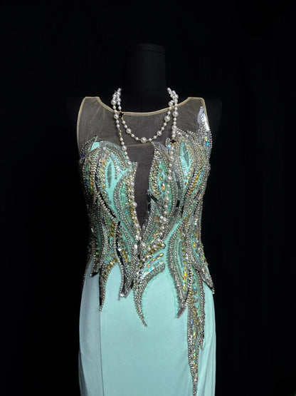Vintage 80s Prom Dresses Mermaid Scoop Mint Green Satin With Beads Slit Long Party Gown Formal Outfits RB5997