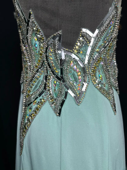 Vintage 80s Prom Dresses Mermaid Scoop Mint Green Satin With Beads Slit Long Party Gown Formal Outfits RB5997