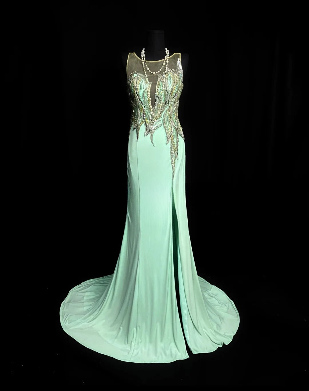 Vintage 80s Prom Dresses Mermaid Scoop Mint Green Satin With Beads Slit Long Party Gown Formal Outfits RB5997
