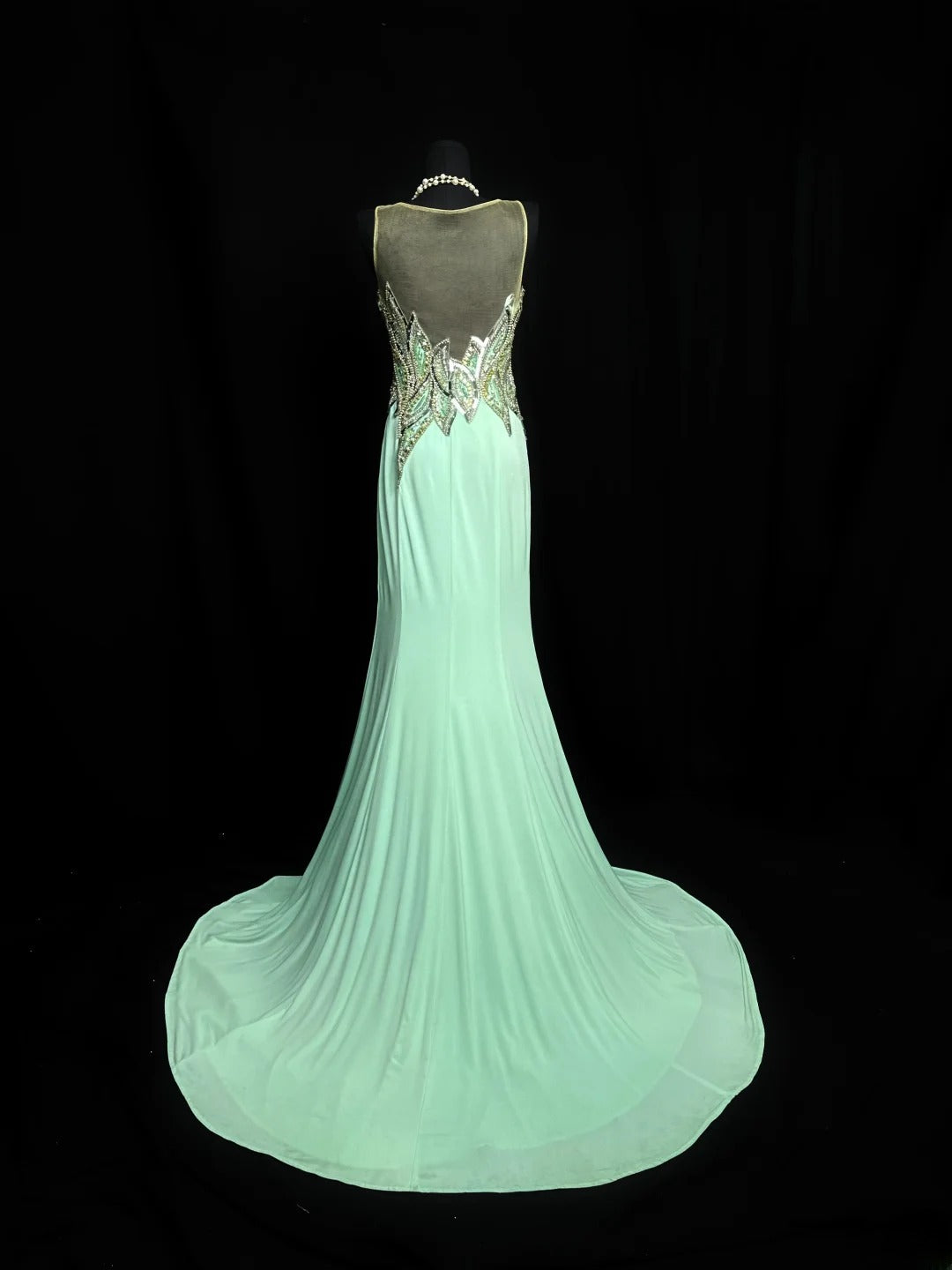 Vintage 80s Prom Dresses Mermaid Scoop Mint Green Satin With Beads Slit Long Party Gown Formal Outfits RB5997