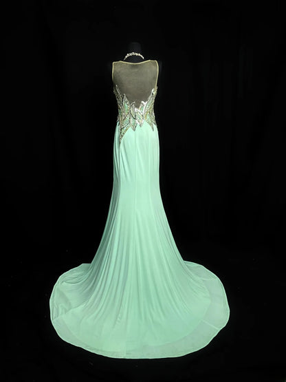 Vintage 80s Prom Dresses Mermaid Scoop Mint Green Satin With Beads Slit Long Party Gown Formal Outfits RB5997