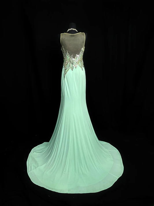 Vintage 80s Prom Dresses Mermaid Scoop Mint Green Satin With Beads Slit Long Party Gown Formal Outfits RB5997